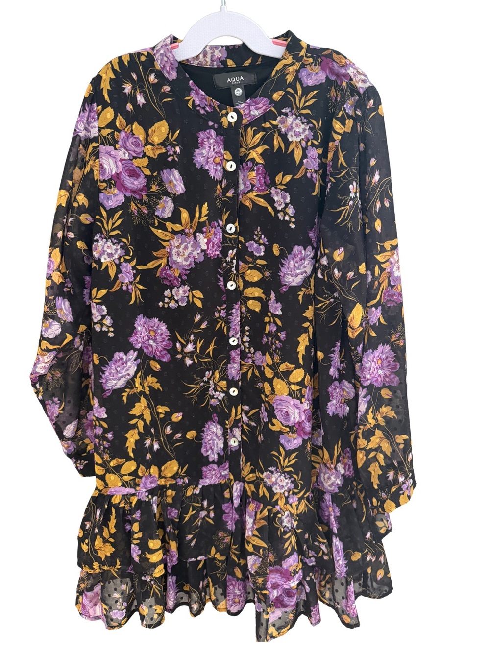 Aqua Black Floral Button-Front Ruffle Dress